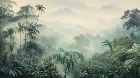 Fog jungle sky mountain nature forest landscape green tree beauty background travel rainforest tropicalの素材