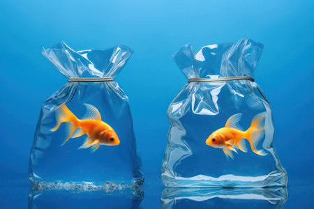 Fishes swim goldfish underwater aquarium background gold blue fishbowl water bowl animalの素材