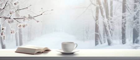 Snow home white background hot cup tea drink coffee window winter morningの素材