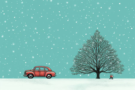 Christmas illustration background merry holiday tree car xmas winter snow backgroundの素材