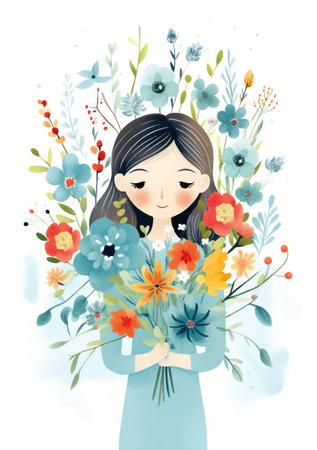 Illustration spring beauty hair girl girl art young design flower background female women cute fashion womenの素材