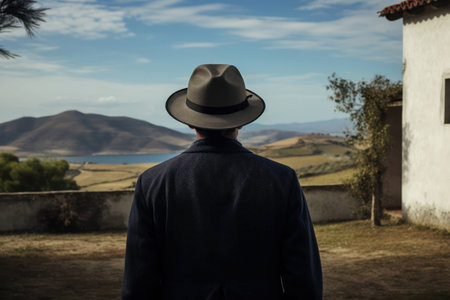 Man hat tourism adult mountain person nature sky adventure background vacation landscape man hill travelerの素材