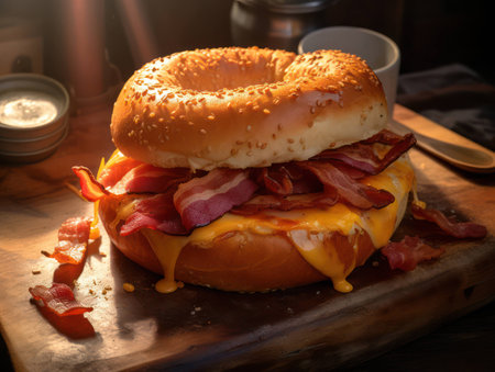 Grilled sandwich bun bacon burger cheese snack meal bread background delicious food fast meatの素材