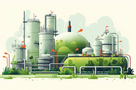 Building chemical construction power technology background environment plant energy industrial flat illustration factoryの素材