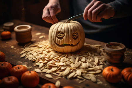 Holiday woman halloween orange fall lantern background october seasonal symbol vegetable face table autumn pumpkinの素材