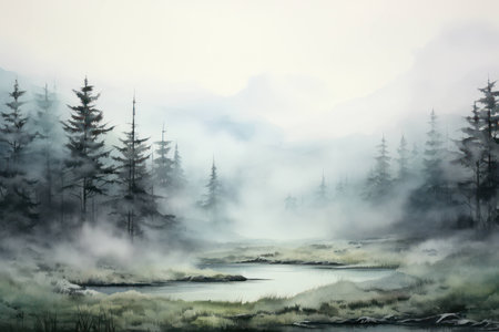 Forest water nature tree background morning watercolor season landscape sky beauty lake fogの素材