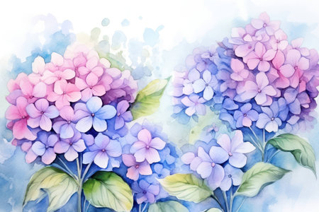Blue background background summer blossom illustration watercolor hydrangea pink nature floral plant flowersの素材