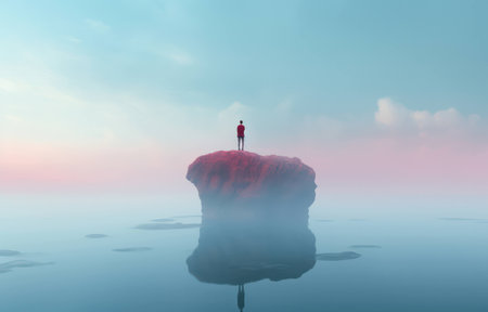 Man solitude background water adventure person outdoor concept man sky landscape traveler fog natureの素材