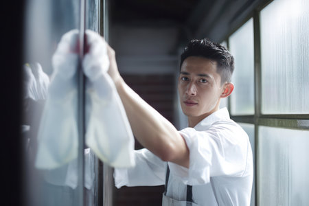 Professional Janitor Cleaning Office Room with Spray and Rag, Maintaining Cleanliness in Clean Uniformの素材