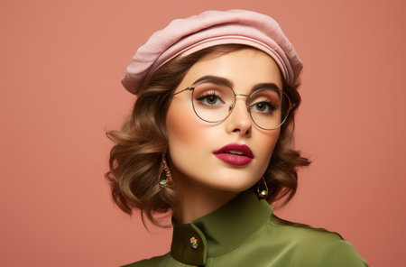 Stylish Caucasian Female Model with Glasses: An Elegant Portrait of a Young, Attractive Woman Embracing Fashion and Beauty on a Red Studio Backgroundの素材