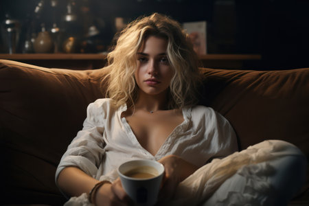 Lonely Woman, Lost in Thought, Sipping Tea on the Sofa in a Cozy Home Interiorの素材