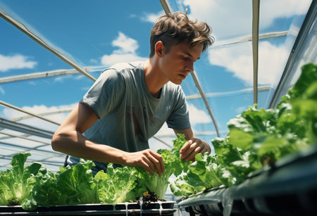 Fresh Organic Harvest: Young Asian Farmer Embracing Natures Bounty in a Green Farming Environmentの素材