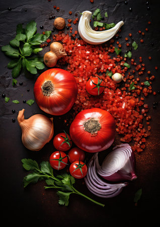 Bursting with Freshness: Vibrant Organic Tomato Salad with Raw Vegetables and Garlic on Wooden Tableの素材