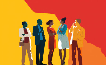 Modern Business Team in Silhouette Illustration, Engaging in a Successful Meeting on Blue Abstract Backgroundの素材