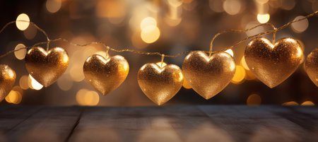 Glowing Heart of Love: A Romantic Valentines Day Celebration with Abstract Bokeh Lights on a Golden Backgroundの素材