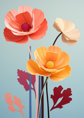 Colorful Blooming Floral Bouquet on Vintage Decorative Card Illustration, Embracing the Beauty of Nature with Fresh and Romantic Spring Flowers on a Green Meadow.の素材