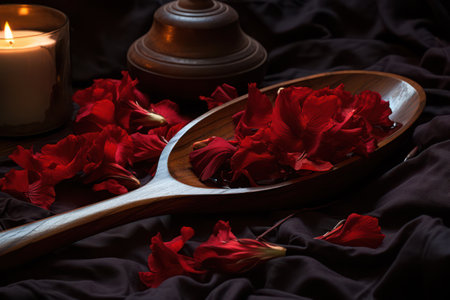 Romantic Red Rose on Vintage Wooden Table with White Petals and a Background of Natural Beautyの素材