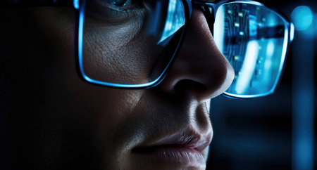 Woman technology eye background young reflection eyeglasses look portrait glasses blue person woman faceの素材