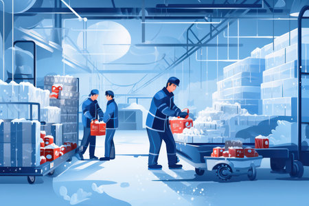 Warehouse man interior storehouse cargo illustration delivery storage factory industrial distribution flat logisticの素材