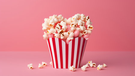 Salty Popcorn Snack: A Classic Delicious Cinema Treat on a Fresh Red and White Striped Paper Box Background.の素材