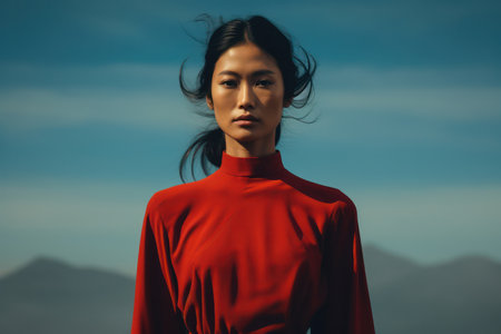 Fashionable Young Woman with Attractive Portrait Posing Confidently Outdoors in a Serene Natural Settingの素材