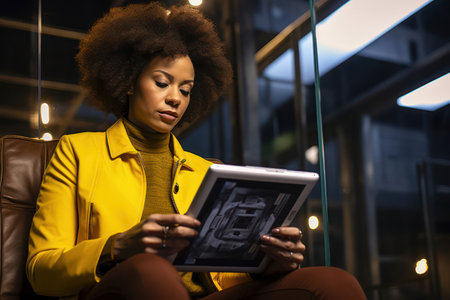 Attractive African American Businesswoman Holding Laptop, Reading Digital Tablet in Modern Office: Connection and Confidenceの素材