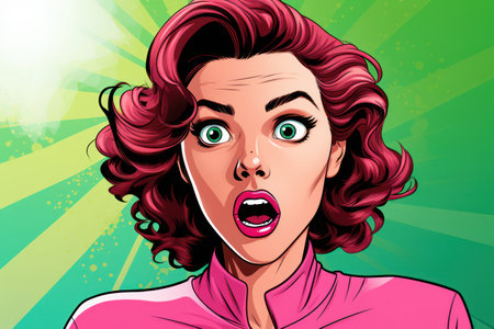 Comic Retro Lady with Open Mouth and Wow Expression in Pop Art Style Illustration on Vintage Backgroundの素材
