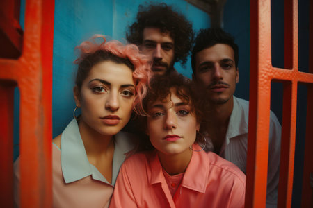 City Vibes: A Diverse Group of Beautiful, Confident Friends Posing in Modern Business Attire on an Urban Streetの素材