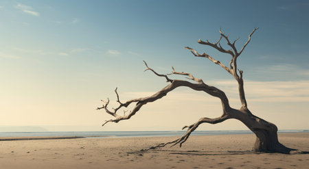 Scenic Sunset Reflection: Natures Beauty Embracing a Tranquil Coastline with Driftwood on a Sandy Beachの素材