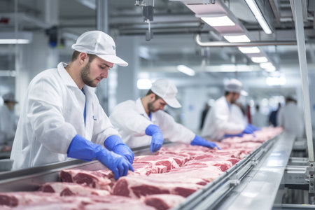 Industrial fresh uniform workers butcher work meat beef butchery raw slaughterhouse foodの素材