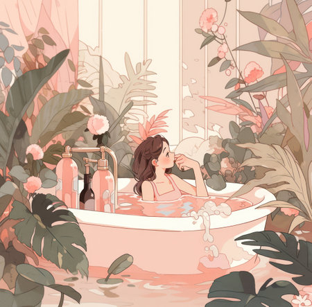 Bathroom woman cartoon body flat background water woman care interior illustration spa home beauty relaxationの素材