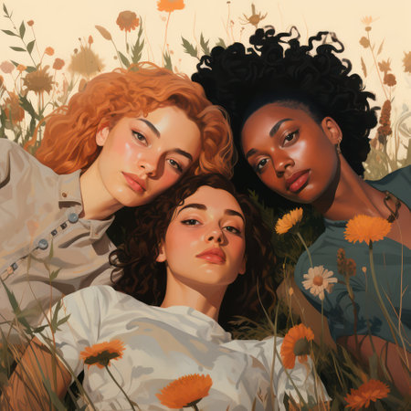 Real Beauty: Multiracial Group of Diverse African-American Women Embracing Friendship and Femininity Outdoorsの素材