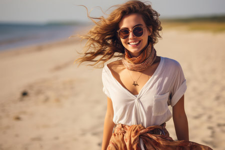 Tan lady enjoying freedom and relaxation on a tropical beach at sunsetの素材