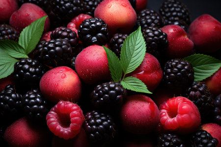 Delicious, fresh raspberry and mixed berry dessert on a white background - a juicy, ripe, and organic assortment of red, black, and blue berries with a vibrant green leaf, representing the sweetness and healthiness of natures bounty.の素材