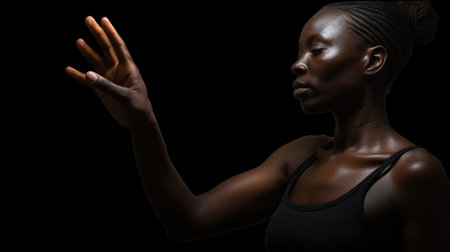 Determination Exercising: A Strong-Willed Muscular Woman in Fitness Training, showcasing her powerful determination and strength with hands on muscular arms in a gym portrait.の素材