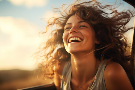 Cheerful Afro-American Woman with Curly Hair Enjoying the Outdoors in Casual Attire, Smiling and Laughing against a Fresh Summer City Backgroundの素材