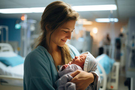 Newborn Baby Care: Mothers Love, Holding Innocence in White. Family Portrait of a Beautiful Mother with Her Adorable Infant Daughter.の素材