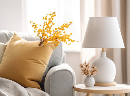 Modern White and Wooden Interior: Cozy Living Room with Stylish Sofa, Bright Wall Decor, and Elegant Floor Lampの素材
