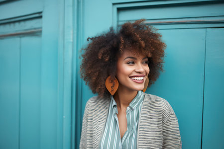 Smiling African American Lady with Afro Hair, Radiating Confidence and Happiness, Posing Outside against a Cool Green Wallの素材
