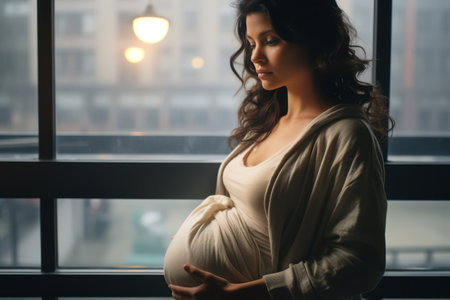 Expecting Love: A Happy Pregnant Woman Embracing Motherhood in a Beautifully Lit Caucasian Bedroomの素材