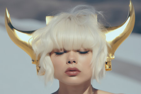 Young, Attractive Woman with Fashionable Blonde Hair and Perfect Make-up, a Portrait of Beauty and Glamour on a Blue Studio Background.の素材