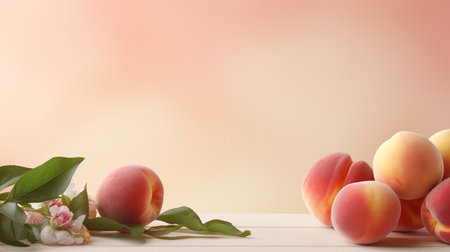 Juicy Peach: A Ripe and Delicious Summer Fruit with Healthy Tropical Flavors, Perfect for Vegan and Vegetarian Diets, on a Rustic Wooden Table with Exotic Leavesの素材
