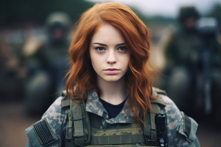 Warrior Beauty: A Young, Attractive Female Soldier Posing in Military Uniform, Against a Background of Autumn Park, Sunset, and Green Natureの素材