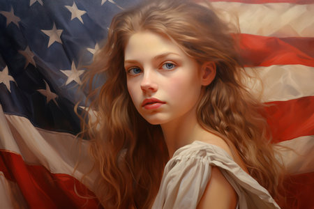 United Youth: A Happy American Teen Girl in Patriotic Attire Poses Outdoors on a Meadow with American Flag in Backgroundの素材