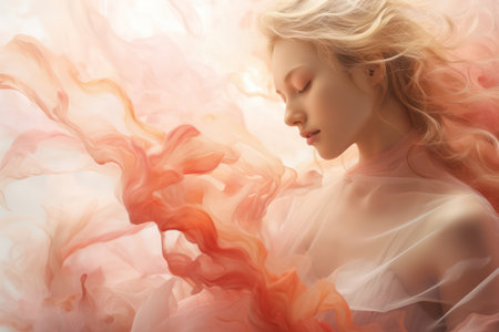 Feminine Beauty: A Captivating Portrait of a Young Model - Elegantly Posing in a Pink Dress, with Flowing Blonde Hair and Attractive Red Lips, Embracing the Magic of Natures Romantic Windの素材