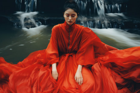Enchanting Beauty: A Young Fashion Model, The Lady in the Red Dress, Posing Sensually in a Dreamy Forestの素材