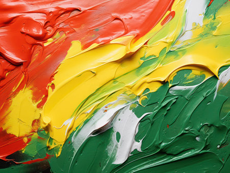 Colorful Abstract Textured Background: Paintings of Blue and Red Brush Strokes on Yellow, Green, and White Grunge Canvasの素材