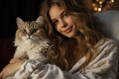 Cosy Morning Bliss: A Lovely Cat and Her Content Female Owner Resting in a White Bedroomの素材