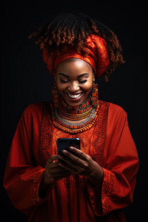 Attractive African Lady Holding Smartphone, Excitedly Texting, Muslim Woman with Hijab, Happy Winner, Nigerian Student with Modern Hair, Against Background of Online Communicationの素材