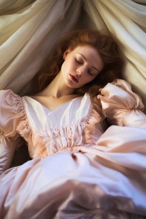 Morning Serenity: A Calm and Restful Female Portrait, Lying on a Comfortable White Bed, Enjoying Peaceful Sleep in a Cozy Bedroom with Soft Lightingの素材